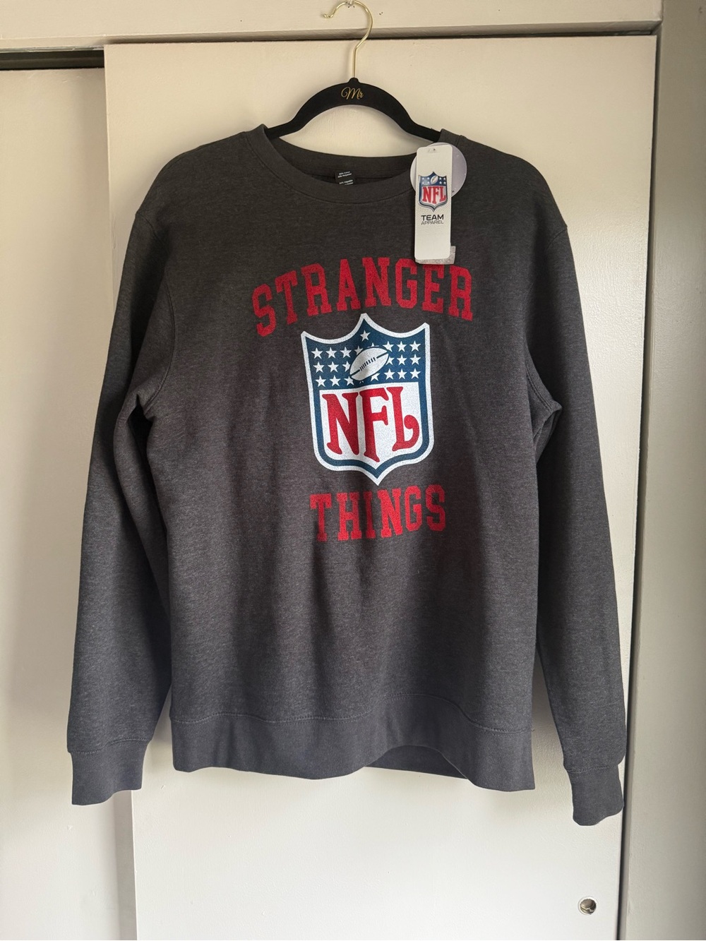 NFL Charcoal Crewneck with Red Stranger Things Script